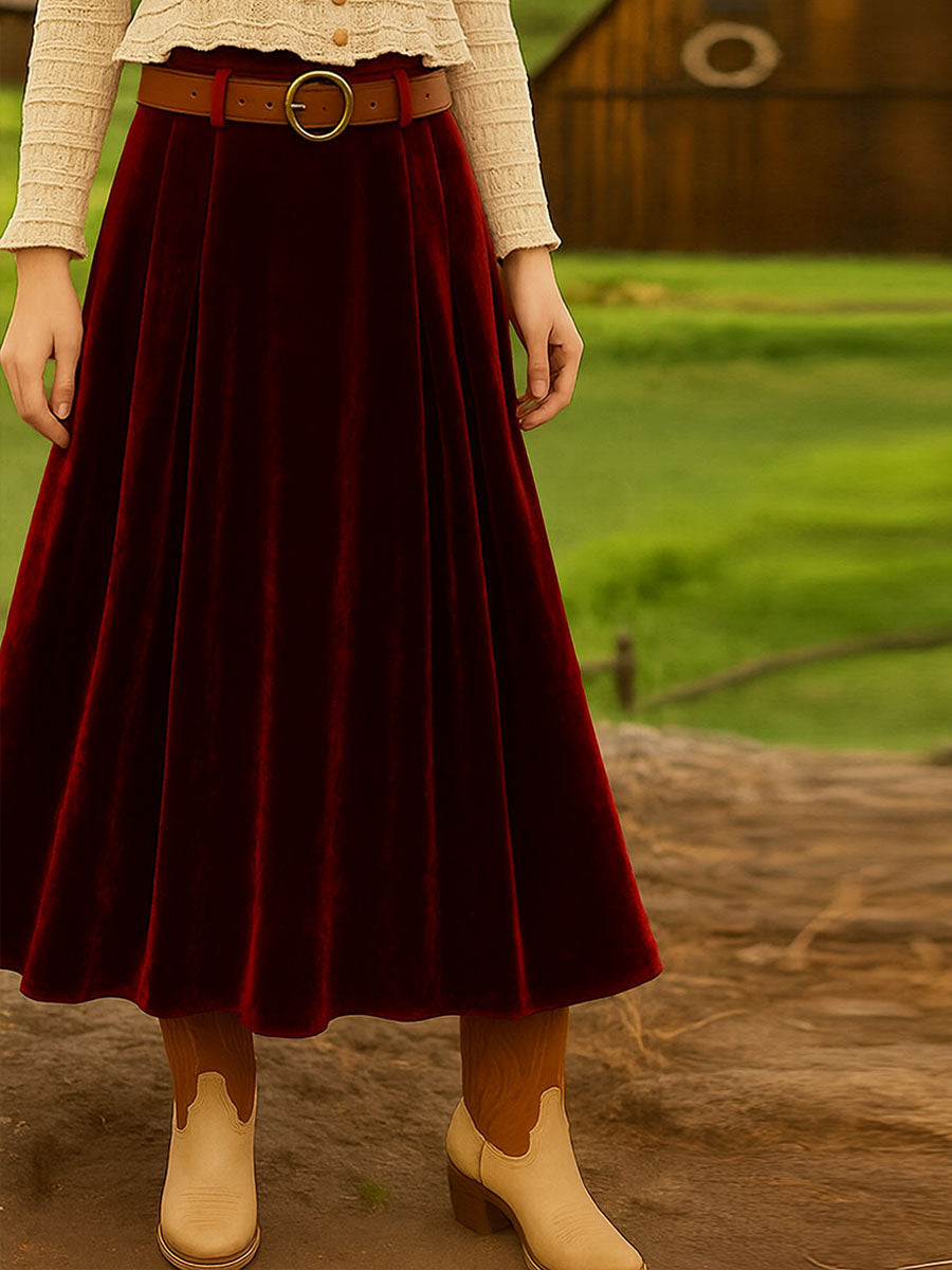 Women's Solid Color High Waist Velvet A-Line Skirt