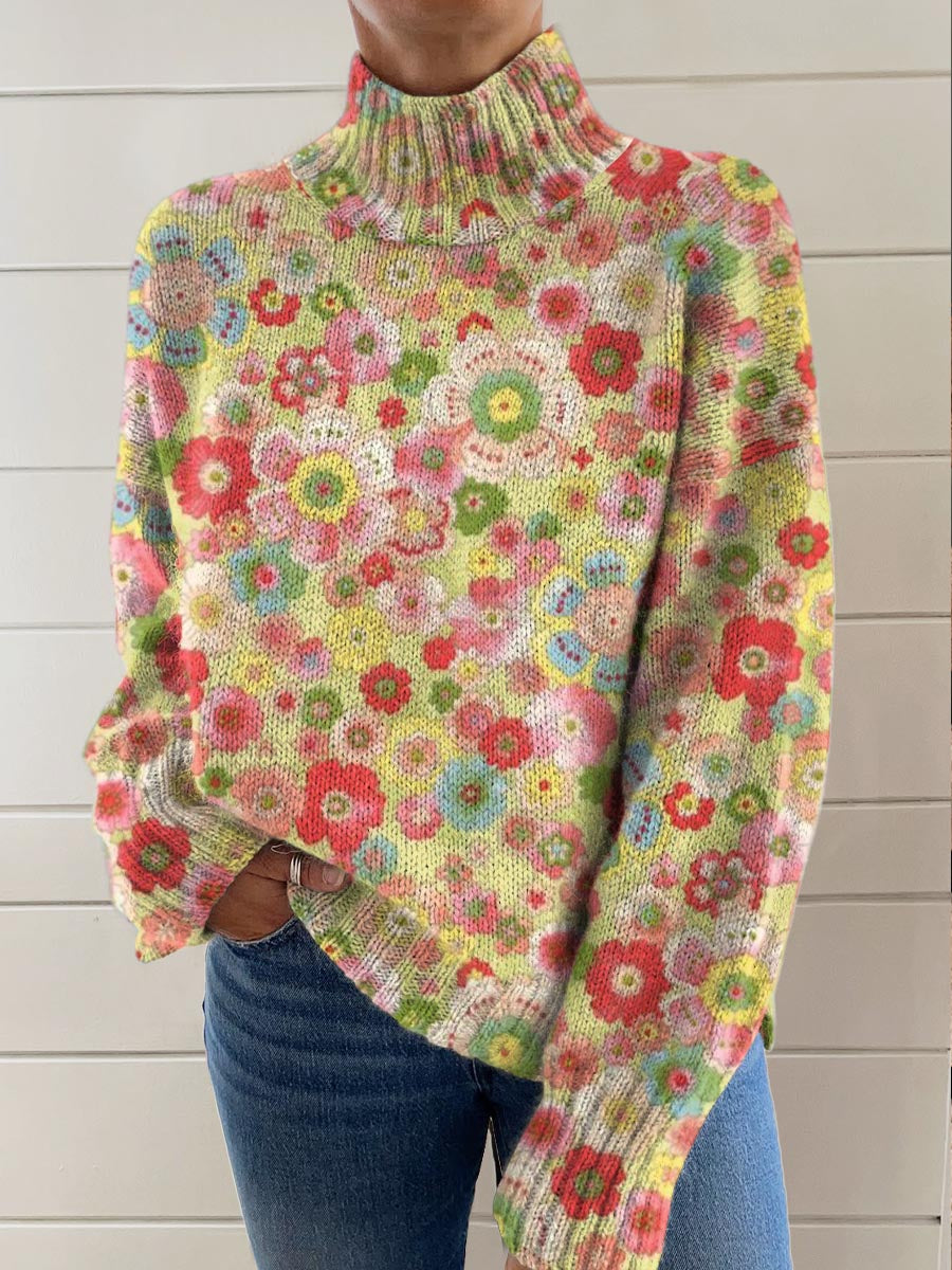 womens-vintage-art-flower-print-knit-turtleneck-pullover-sweater-t6o9