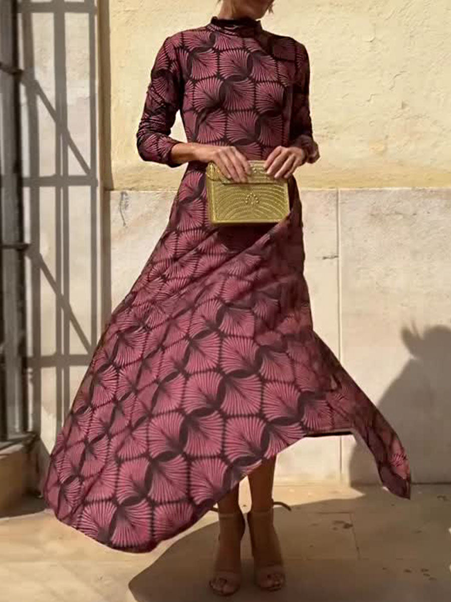 Women's Geometric Print Turtleneck Long Sleeve Casual Knit A-Line Dress