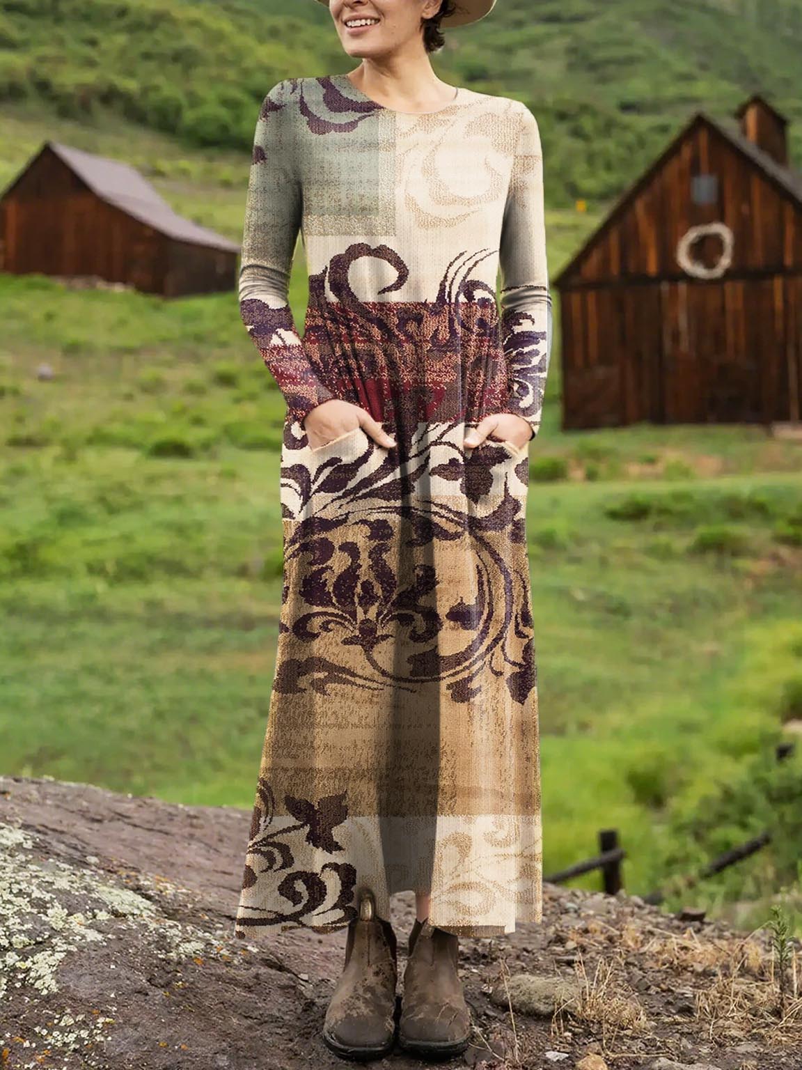 Women's Retro Floral Art Print Long-sleeved Dress