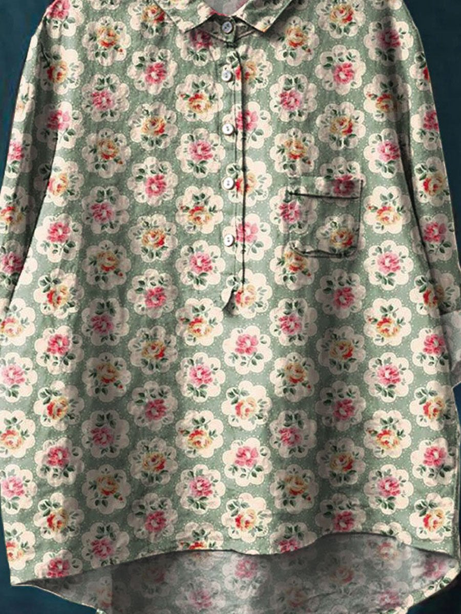 Women's Vintage Floral Art Print Casual Cotton And Linen Shirt