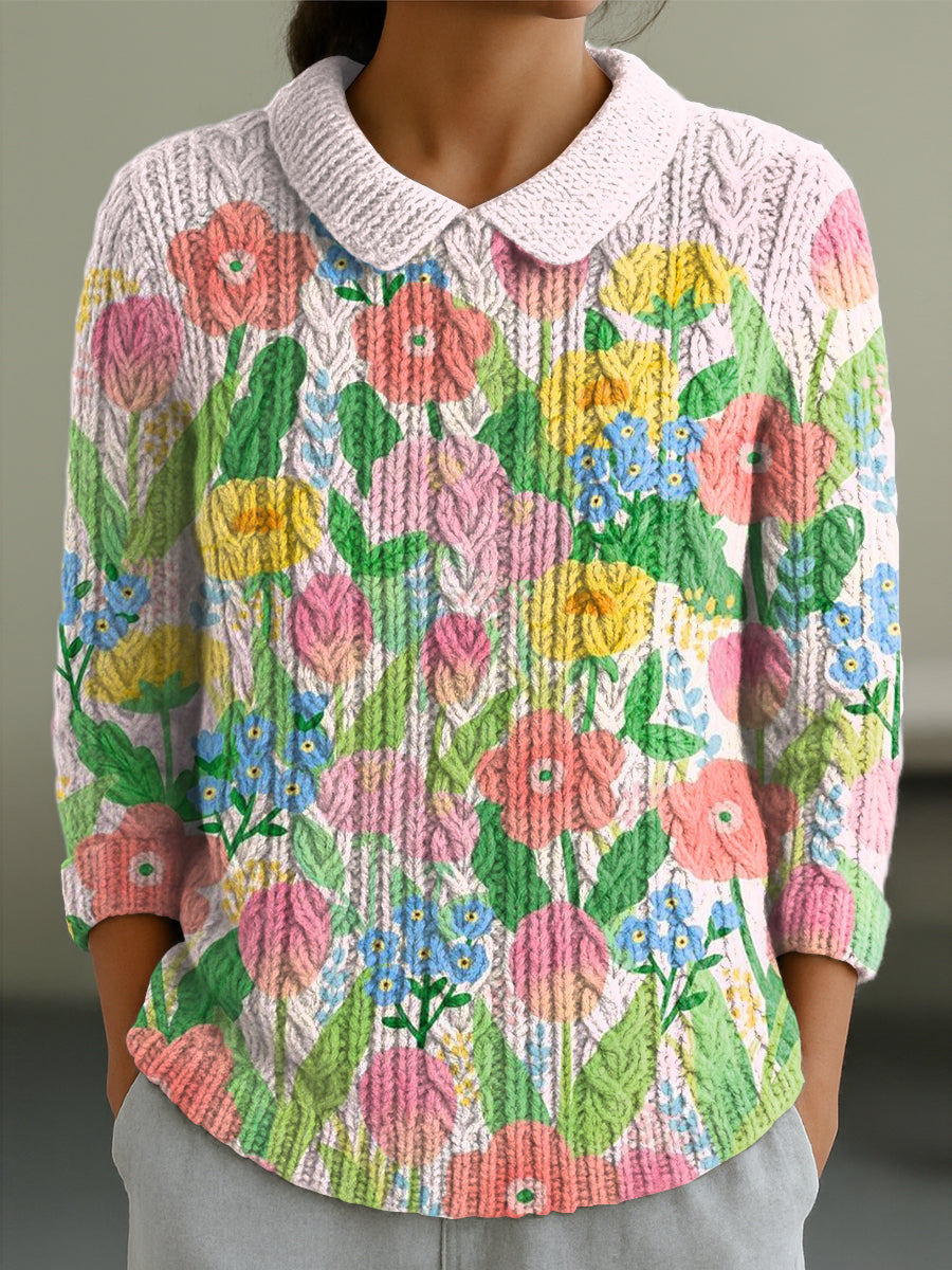 womens-beautiful-colorful-floral-painting-art-print-casual-peter-pan-collar-3-4-sleeve-sweater-ssnr