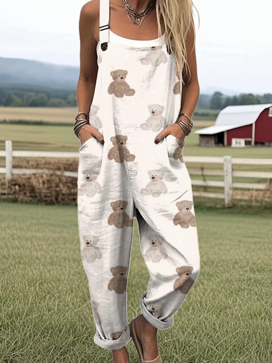 Women's Art Creative Cute Bear Print Casual 100% Cotton Wide Leg Jumpsuit