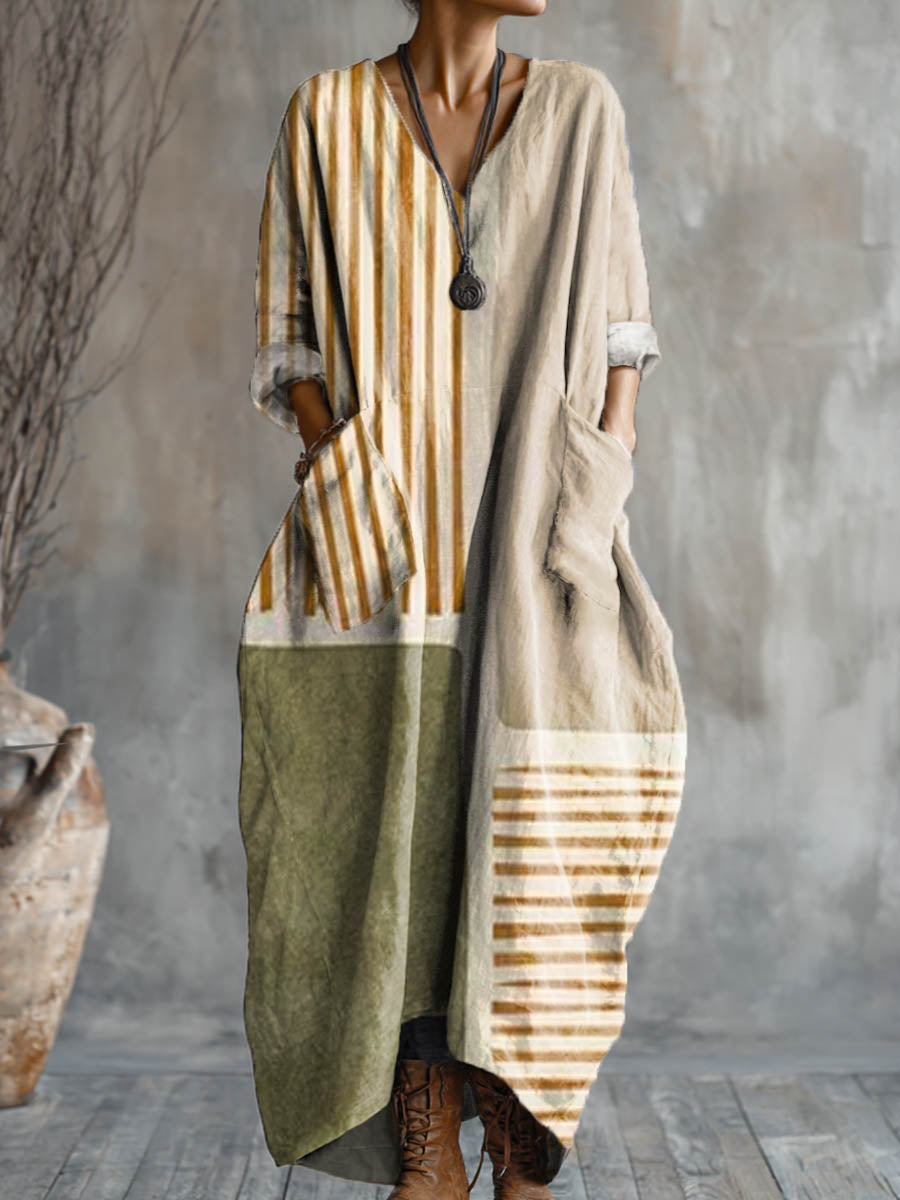 Women's Abstract Geometric Pattern Art Print Pocket V-neck Cotton Dress