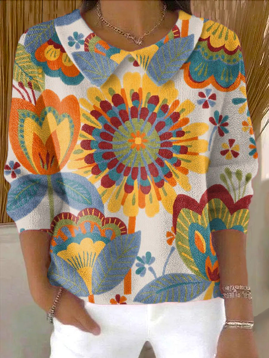 womens-abstract-large-flower-painting-art-print-casual-peter-pan-collar-3-4-sleeve-sweater-3ec1