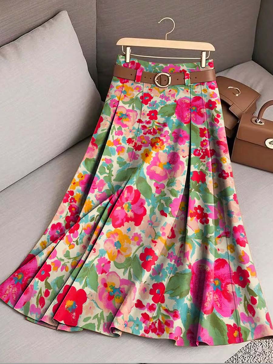 Women's Retro Print High Waist A-Line Casual Skirt