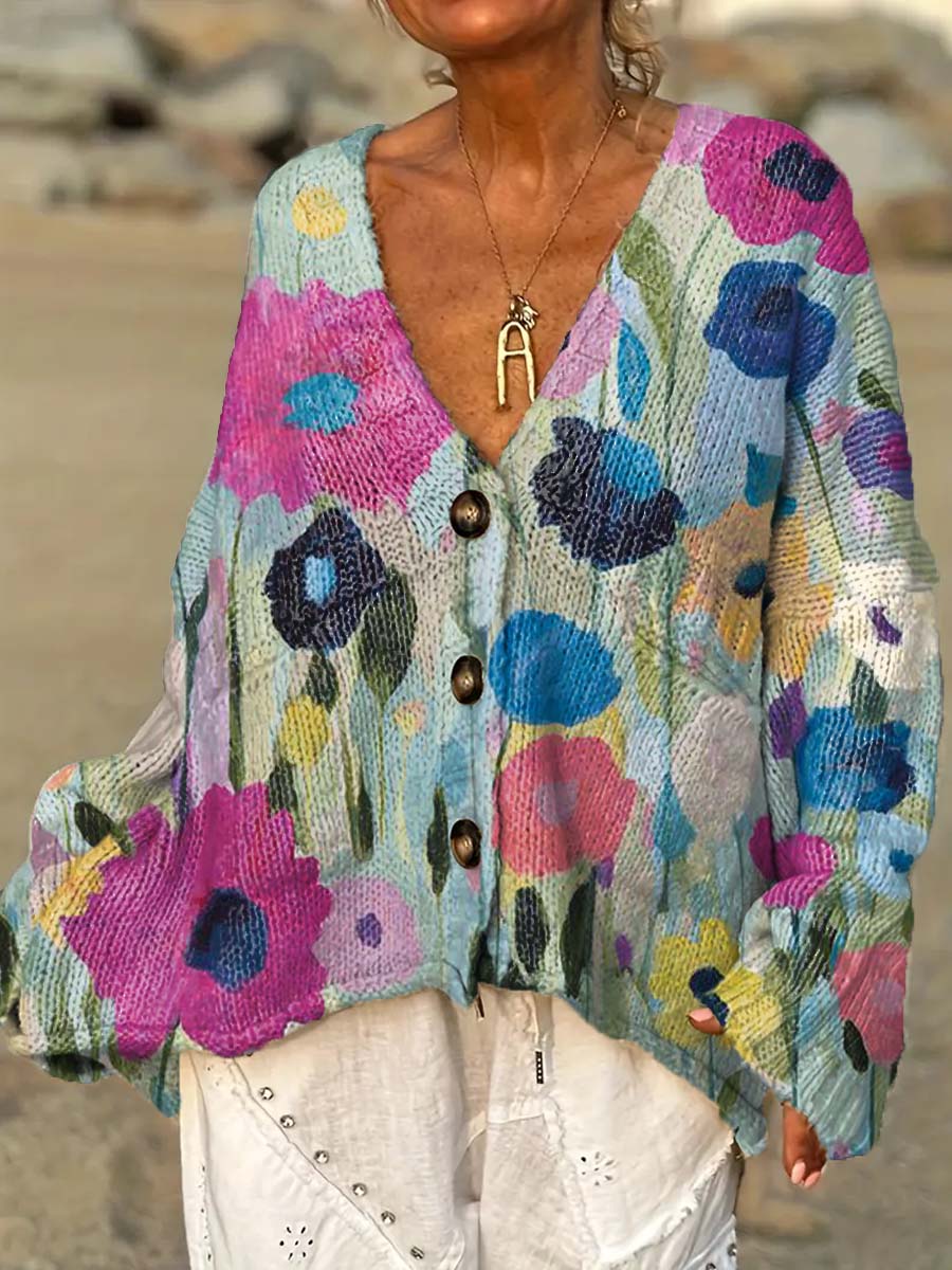 womens-vintage-art-oil-painting-flowers-casual-pullover-sweater