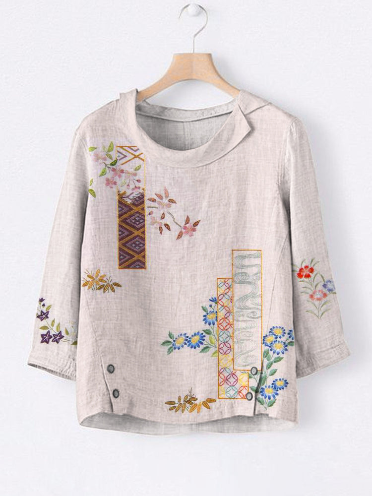 Japanese Botanical Flower Embroidery Pattern Women's Linen Lapel Shirt