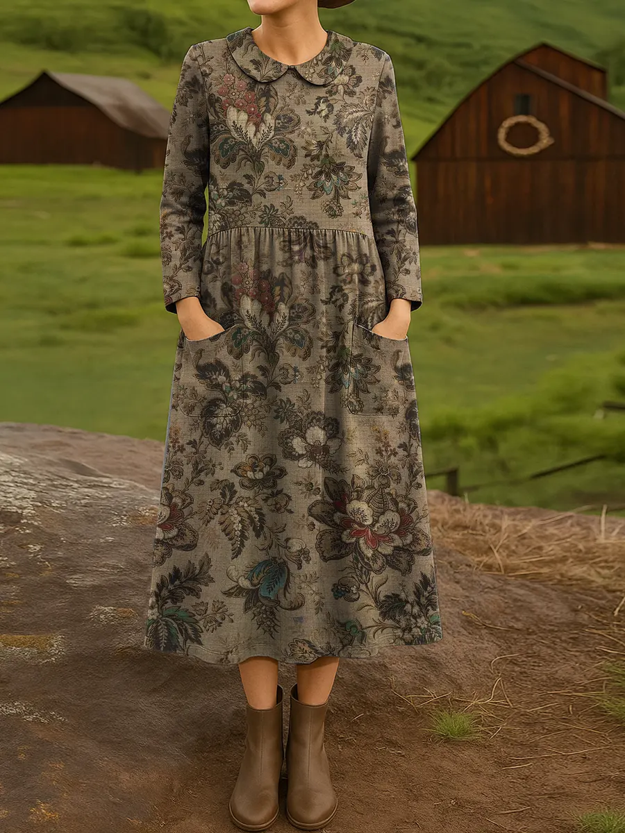 Women's Retro Flowers Print Cotton Lapel Button-Down Shirt Dress