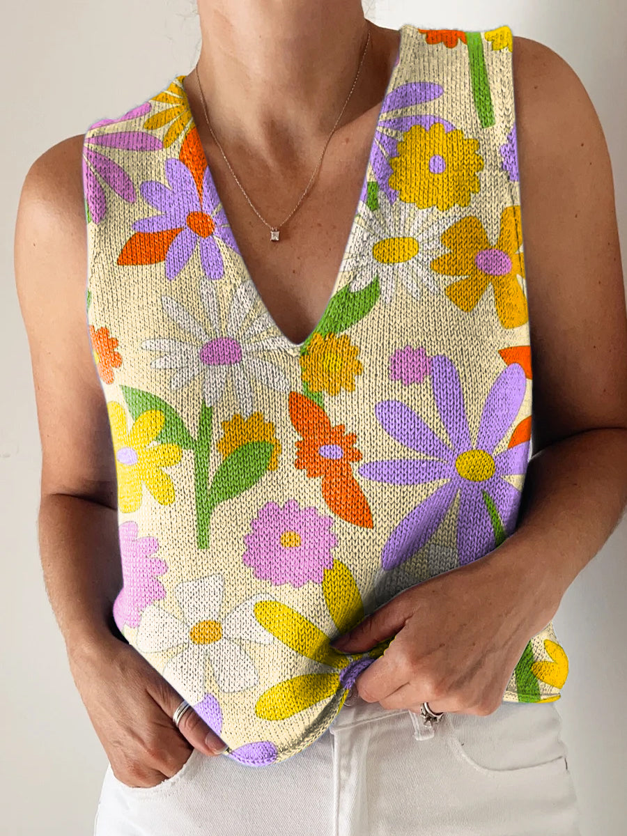 Women's Beautiful Colorful Large Flower Painting Art Print Casual V Neck Top Knitting