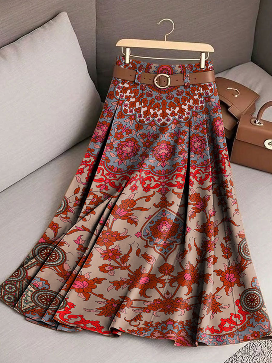 Women's Vintage Flower Art Print Casual Cotton Skirt