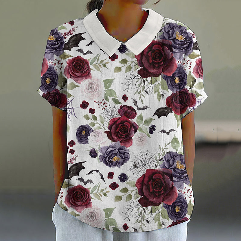 Halloween Floral Print Short Sleeve Linen Blend Blouse