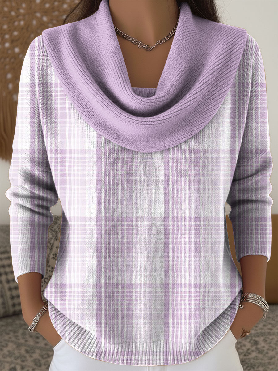 Women's Geometric Purple Plaid Color Splicing Print Cowl Neck Sweater