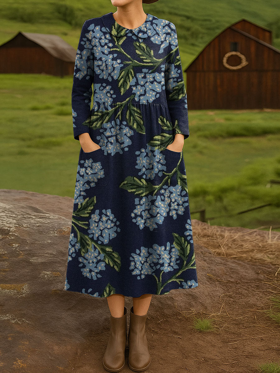 Women's Retro Flowers Pattern Art Print Cotton Lapel Button-Down Shirt Dress