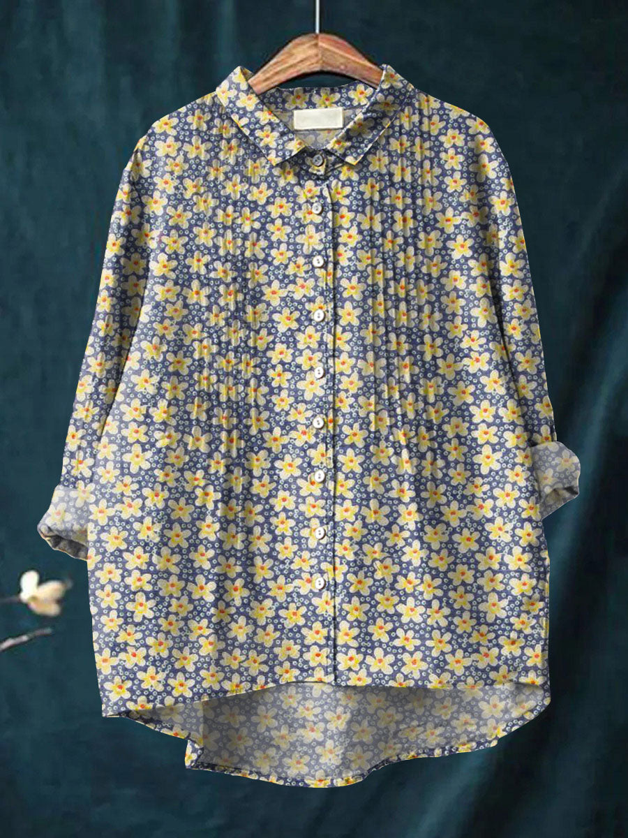 Women's Vintage Floral Pattern Art Print Casual Cotton And Linen Ruffle Shirt