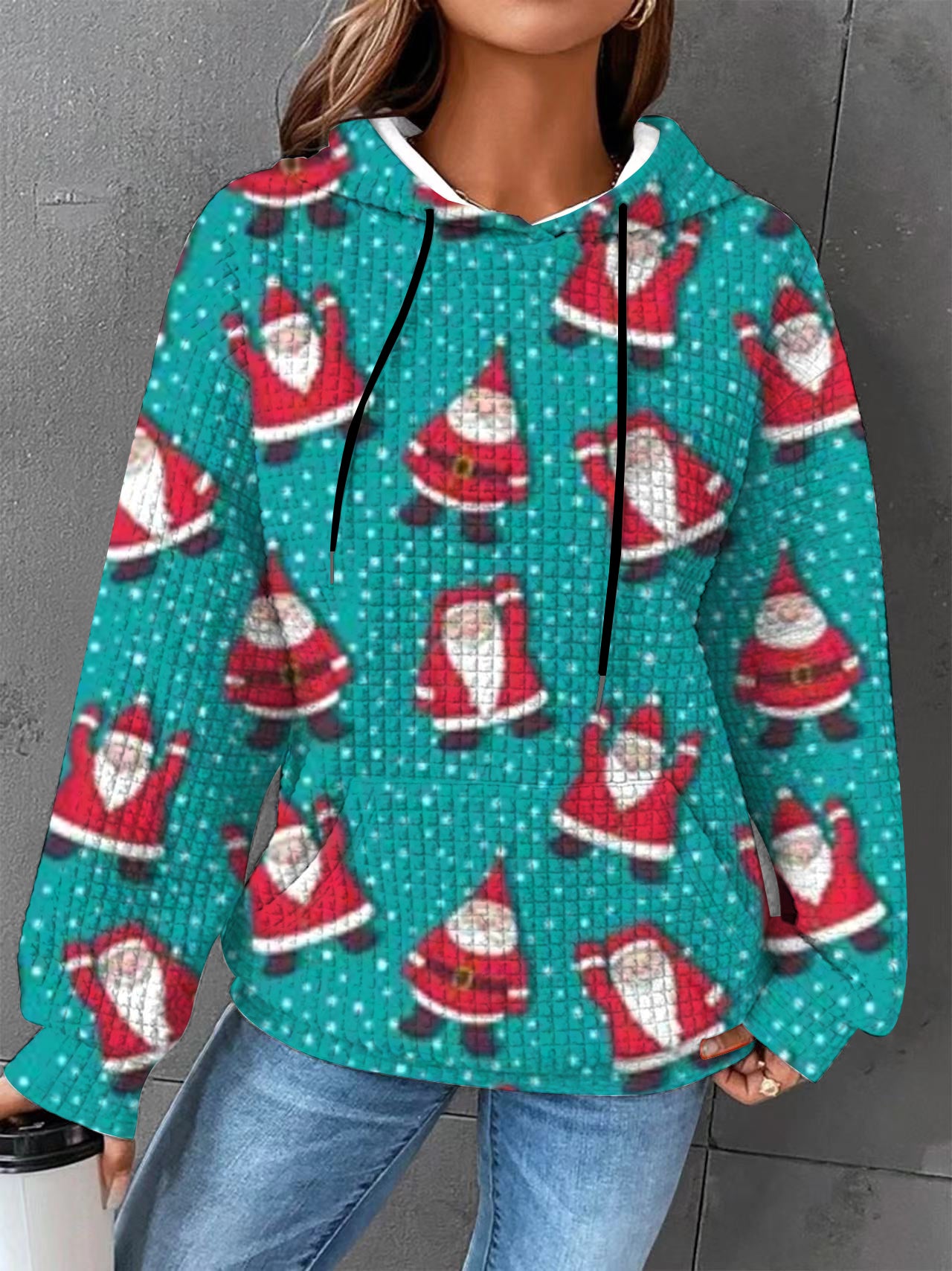 Plus size Autumn/Winter Women's Waffle  Essential Creative Printed Long Sleeve Hooded Sweatshirt