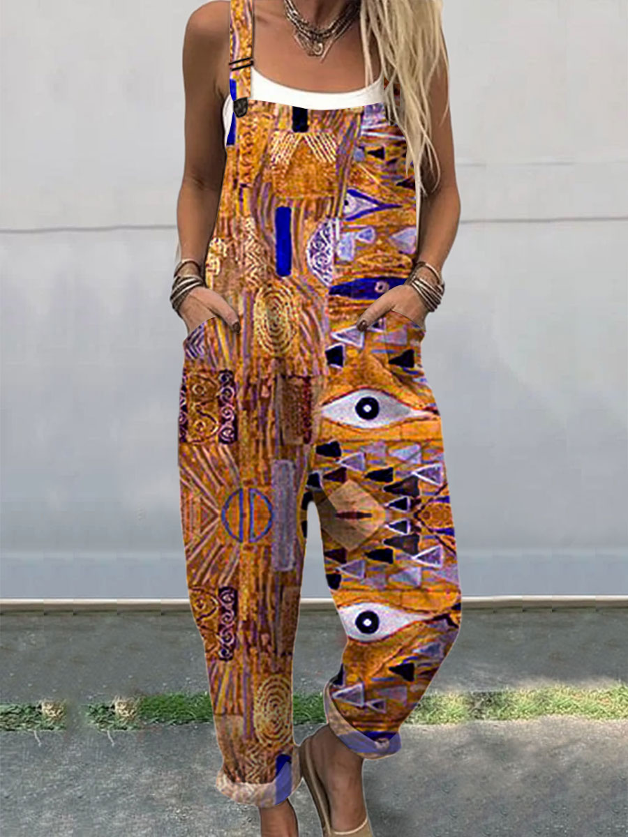Women's  Vintage Abstract Geometric Art Print Casual 100% Cotton Wide Leg Jumpsuit