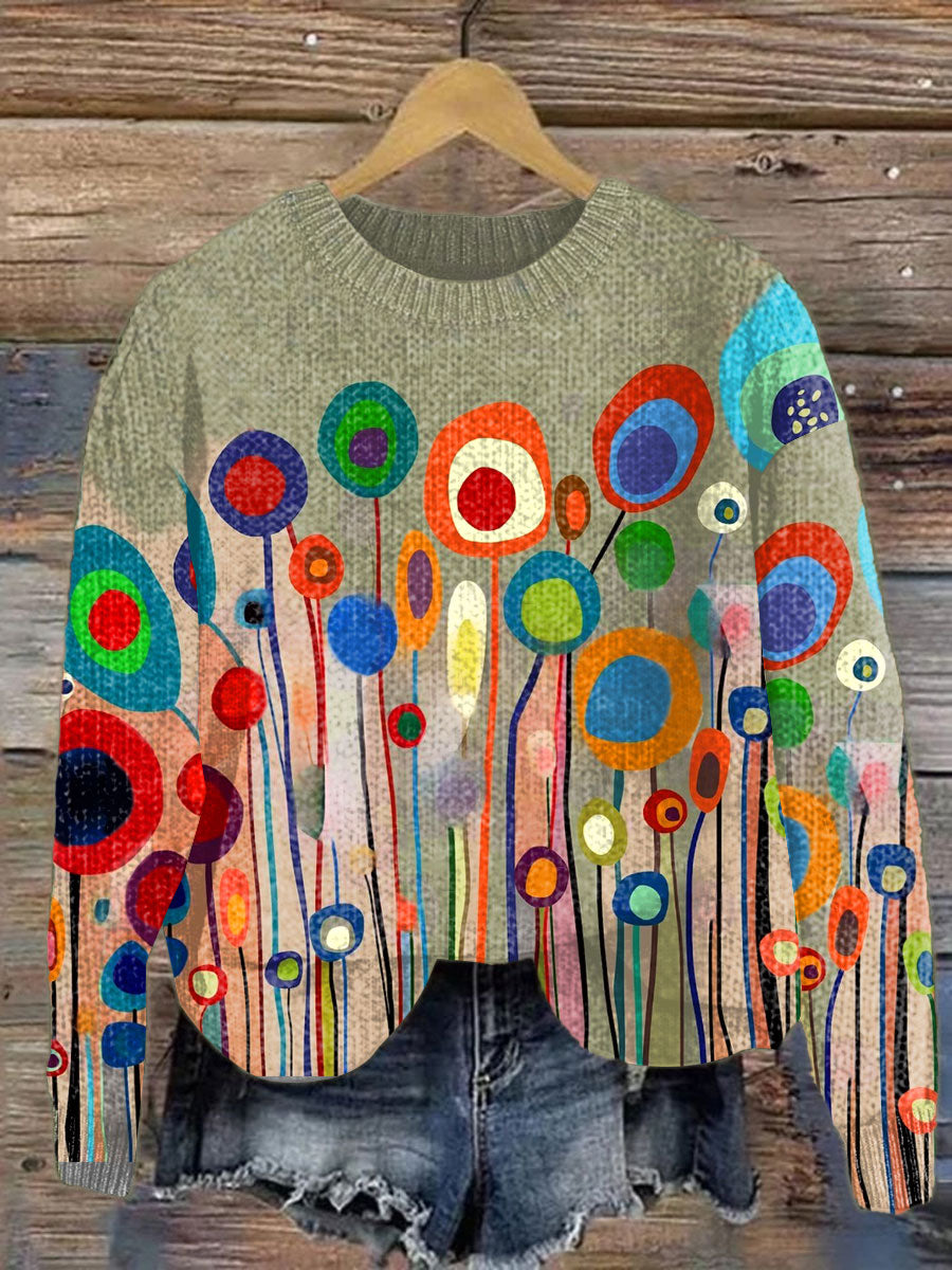 Vintage Flower Art Print Knit Pullover Sweater