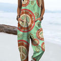 Women's Vintage Peace Love Sign Pattern Art Print Casual 100% Cotton Wide Leg Jumpsuit