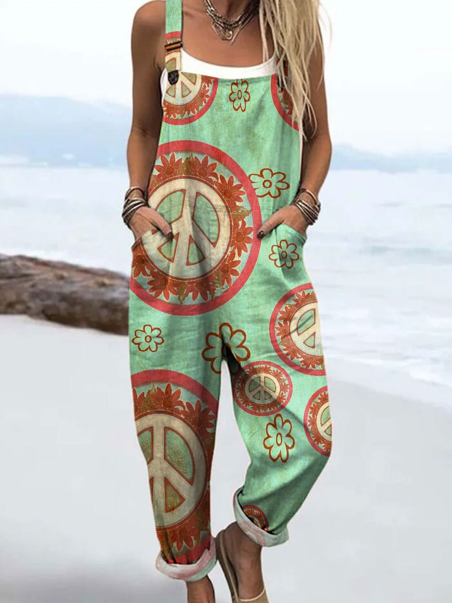 Women's Vintage Peace Love Sign Pattern Art Print Casual 100% Cotton Wide Leg Jumpsuit