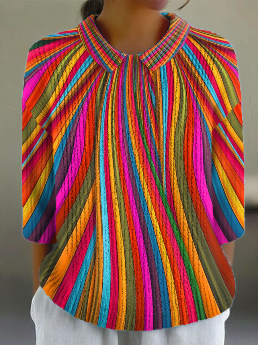 womens-vintage-rainbow-stripe-art-print-casual-peter-pan-collar-3-4-sleeve-sweater