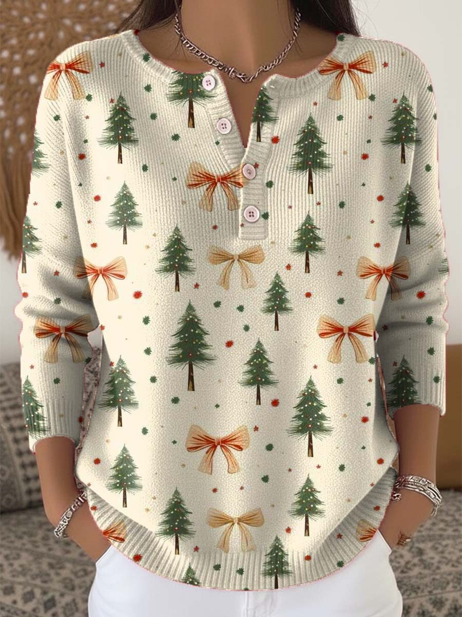 Women's Christmas Tree Art Print Buttoned Cardigan Sweater