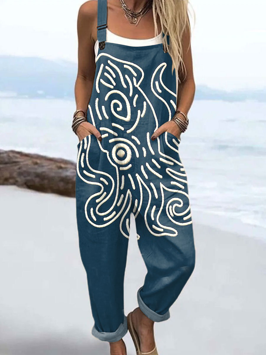 Women's   Vintage Octopus Art Print Casual 100% Cotton Wide Leg Jumpsuit