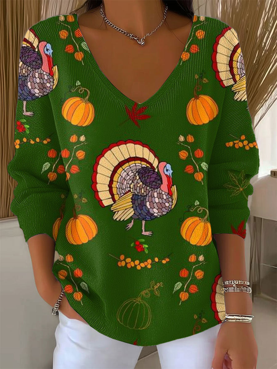 womens-funny-turkey-art-print-casual-pullover-sweater