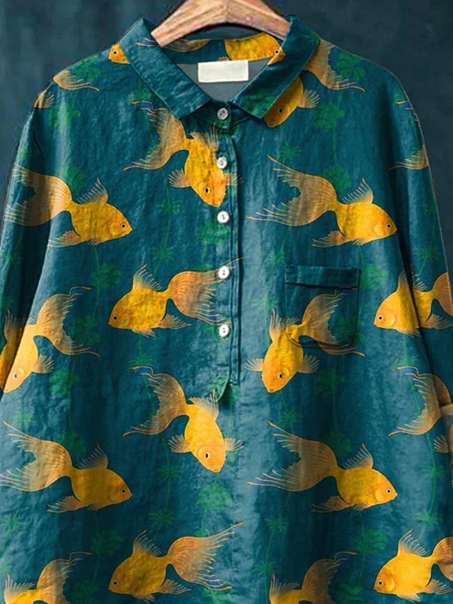Japanese Goldfish Pattern Printed Women's Casual Cotton And Linen Shirt