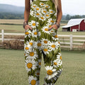 Women's Lovely Floral Art Print Casual 100% Cotton Wide Leg Jumpsuit