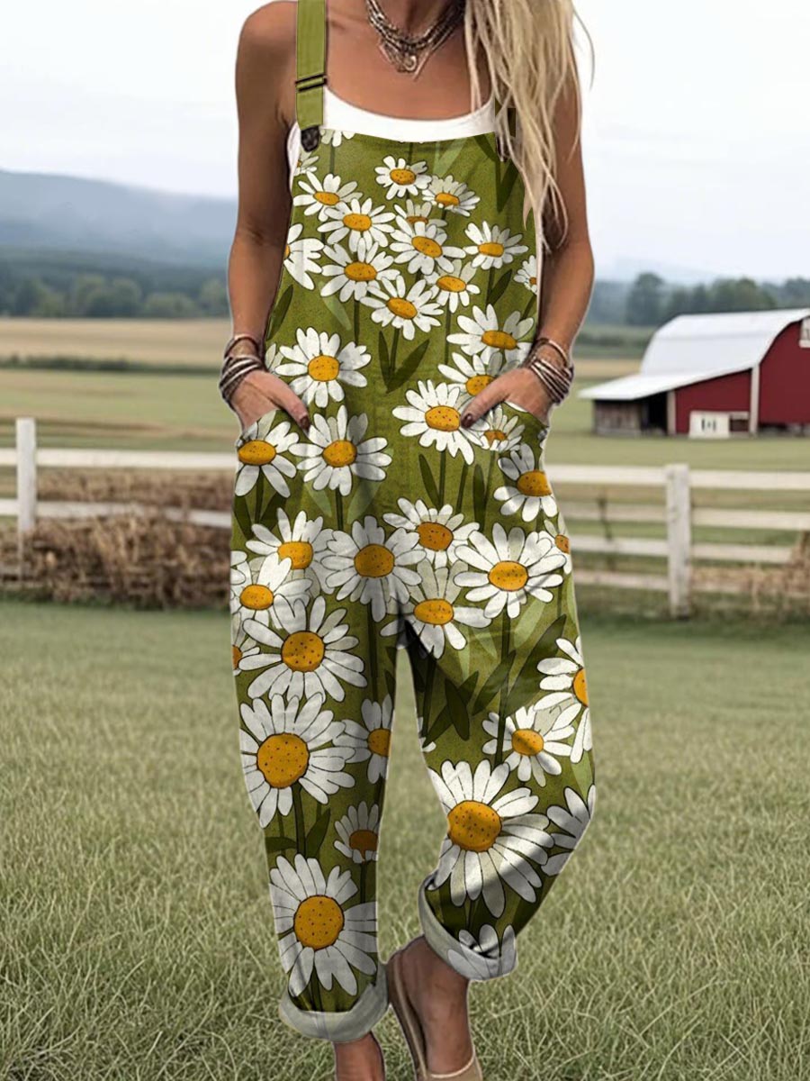 Women's Lovely Floral Art Print Casual 100% Cotton Wide Leg Jumpsuit