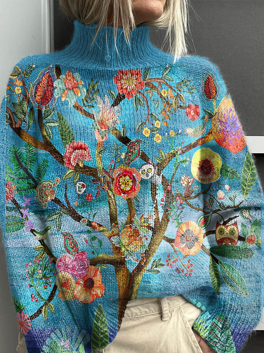 Women's Vintage Lovely Floral Art Print Knit Turtleneck Pullover Sweater