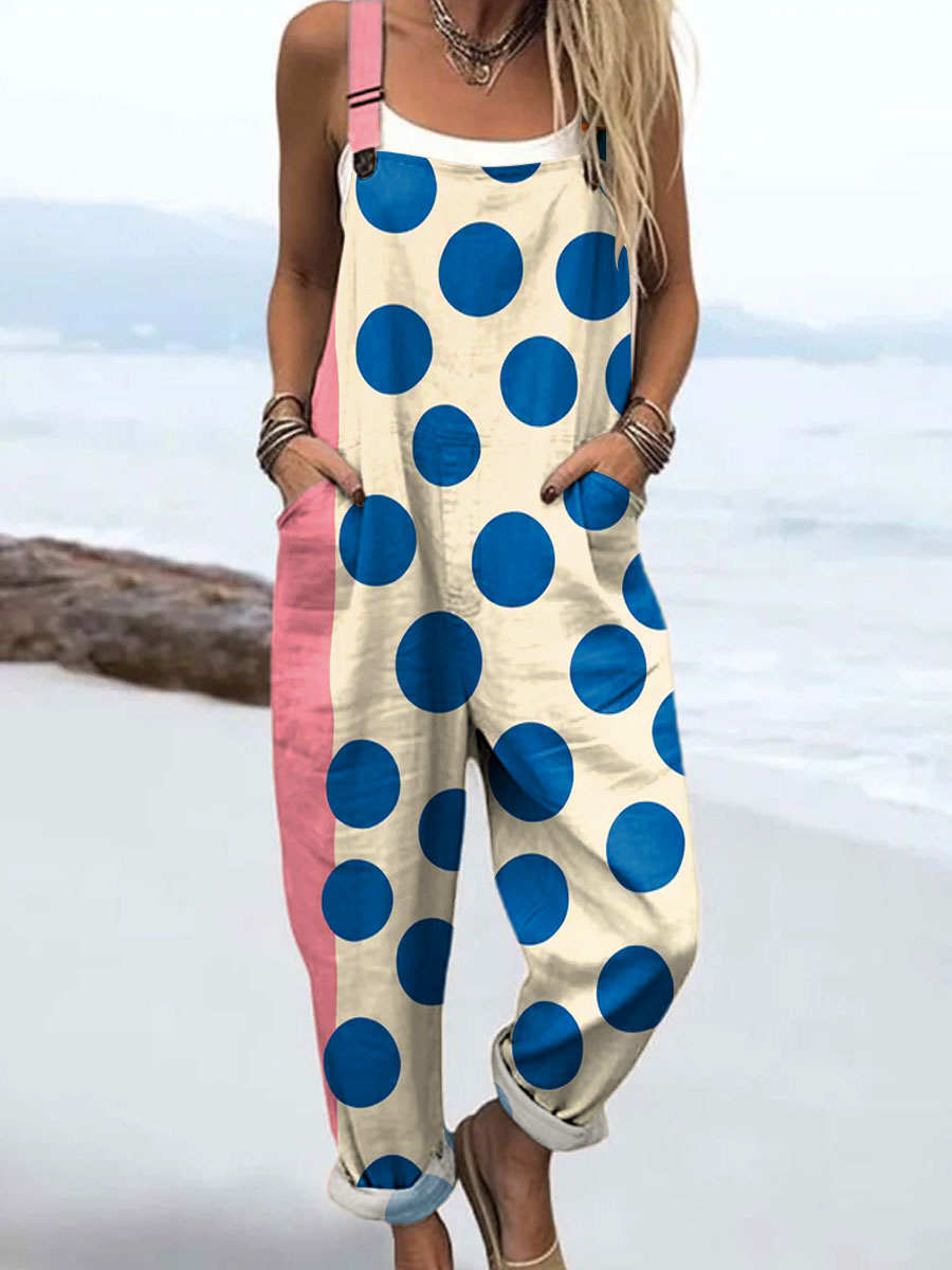 Women's Colorful Geometric Dot Art Print Casual 100% Cotton Wide Leg Jumpsuit