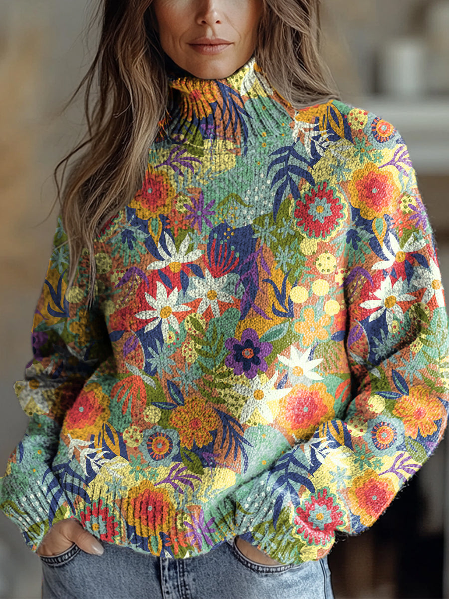 womens-colorful-artistic-creative-flowers-print-knit-turtleneck-pullover-sweater