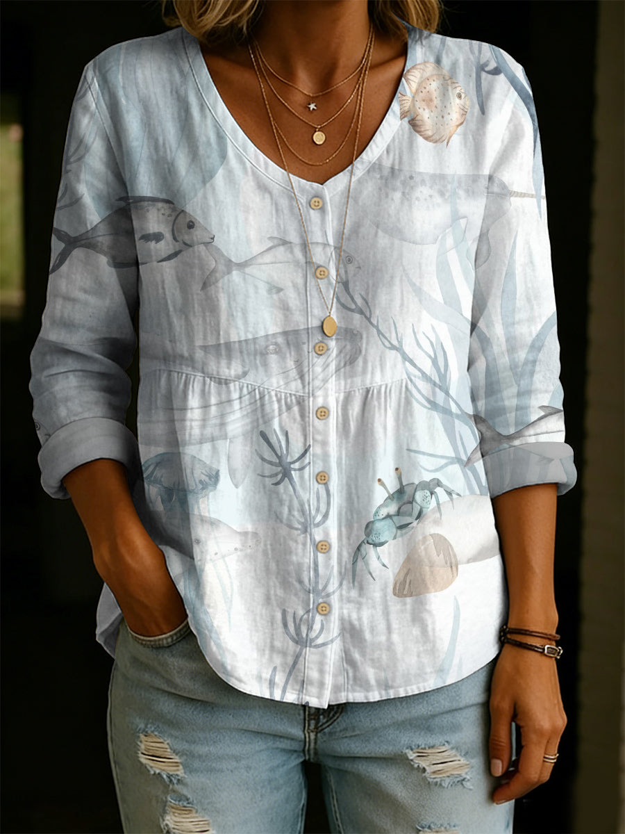 Women's Ocean Fish Decorative Pattern Linen And Cotton Shirt