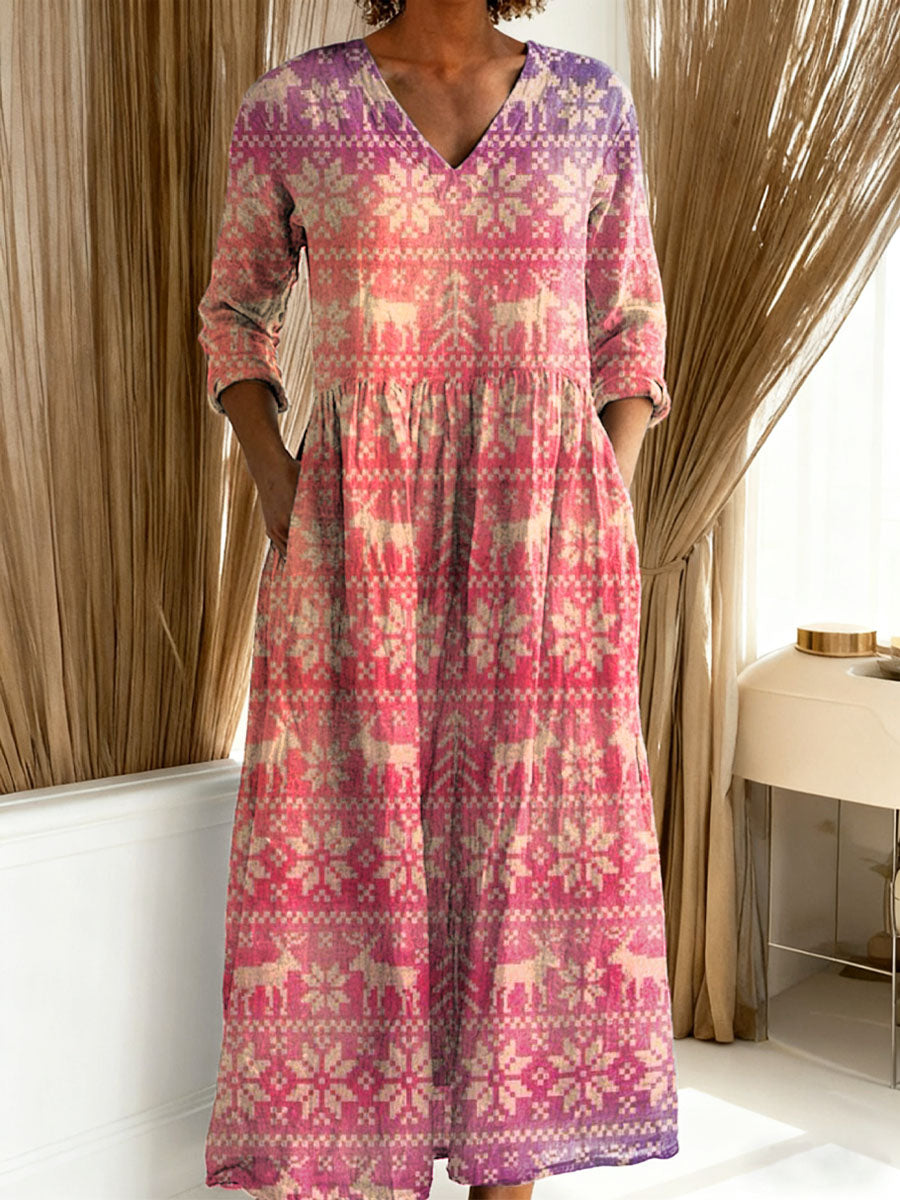 Women's Christmas Deer Art Print Casual Cotton Linen Pocket Dress