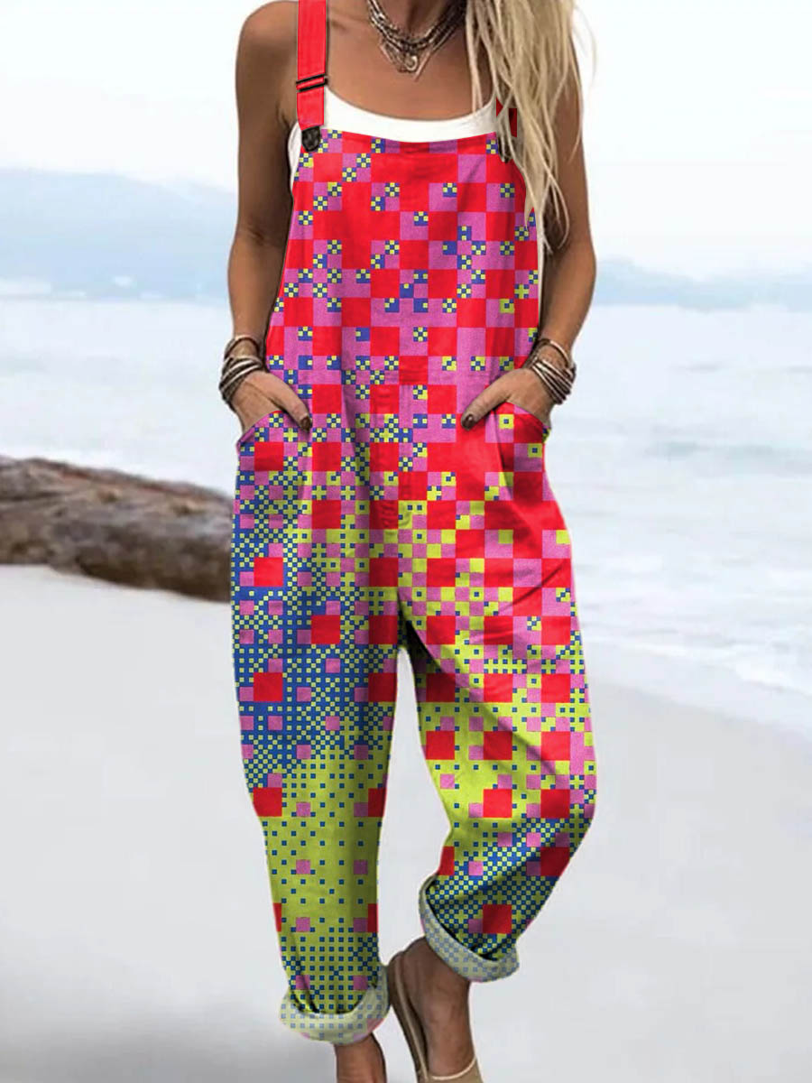 Women's Abstract Geometric Pattern Art Print Casual 100% Cotton Wide Leg Jumpsuit