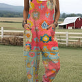 Women's Vintage Art Print Casual 100% Cotton Wide Leg Jumpsuit