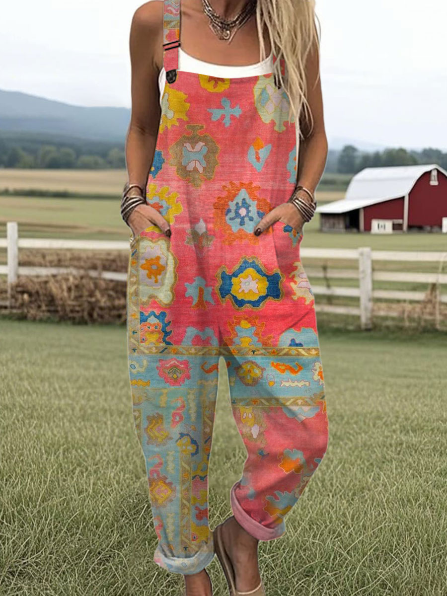 Women's Vintage Art Print Casual 100% Cotton Wide Leg Jumpsuit