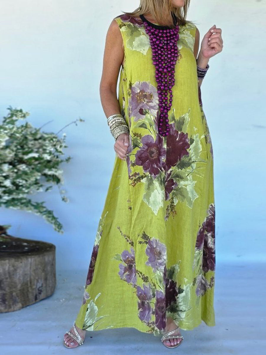 Women's Retro Print Round Neck Sleeveless Casual Cotton and Linen A-Line Dress