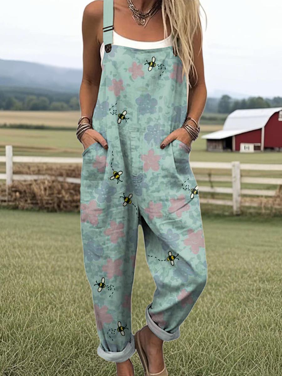 Women's Lovely Bees Floral Pattern Art Print Casual 100% Cotton Wide Leg Jumpsuit