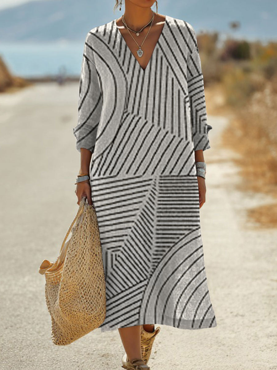 Women's  Vintage Abstract Geometric Art Print Pocket Cotton Dress