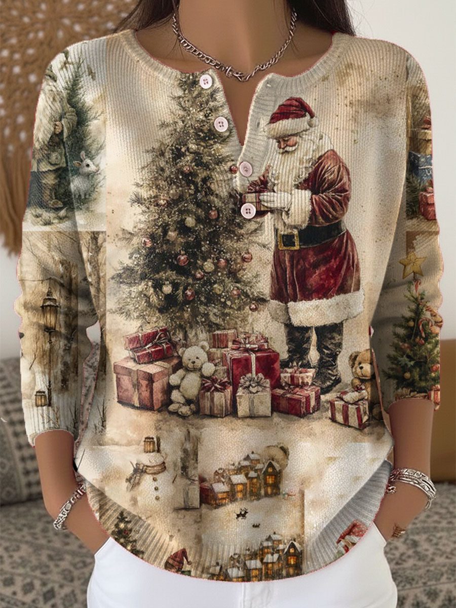 Vintage Christmas Art Print Buttoned Cardigan Sweater