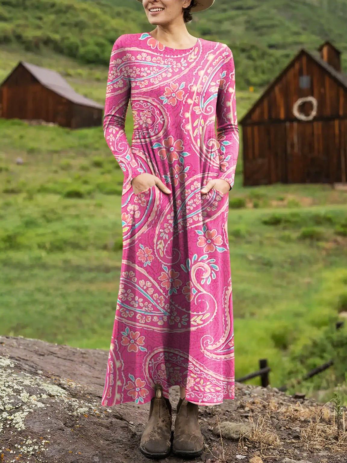 Women's Retro Floral Art Print Long-sleeved Dress