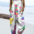 Women's Colorful Cat Back Art Print Casual 100% Cotton Wide Leg Jumpsuit