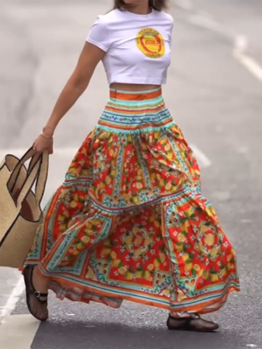 Women's Retro Lemon Flower Print Skirt