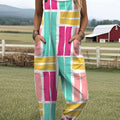 Women's Vintage Abstract Geometric Art Print Casual 100% Cotton Wide Leg Jumpsuit