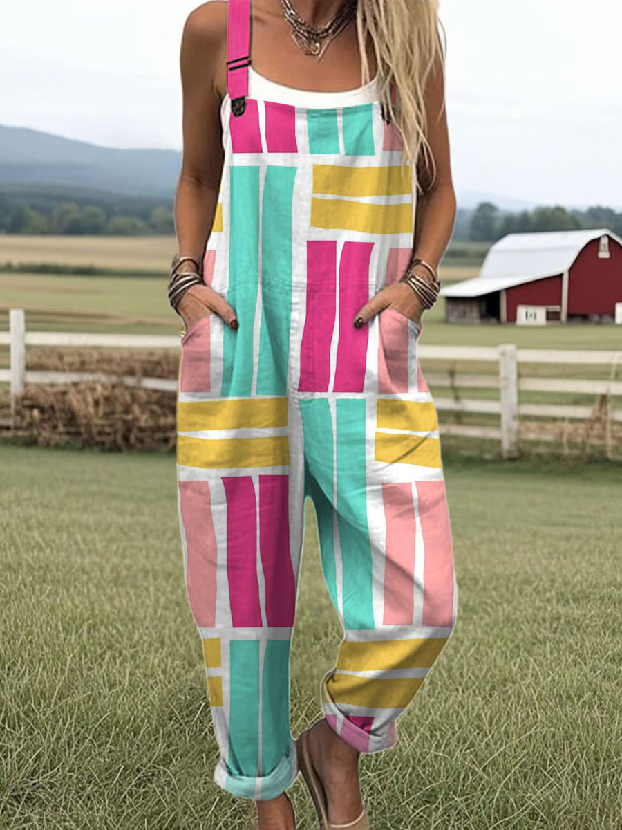 Women's Vintage Abstract Geometric Art Print Casual 100% Cotton Wide Leg Jumpsuit