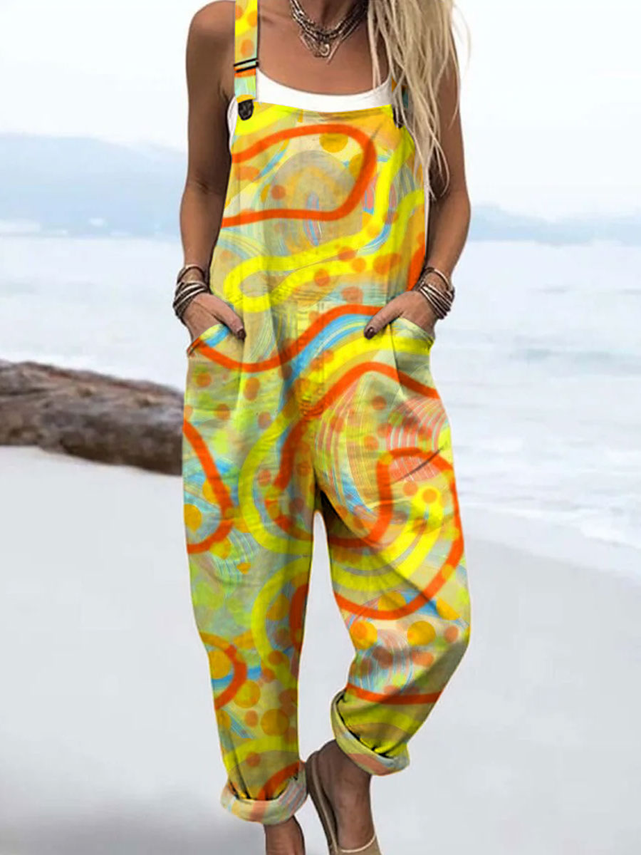 Women's Fashion Color Block Line Art Print Casual 100% Cotton Wide Leg Jumpsuit