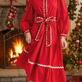 Women's ribbon contrast solid color long-sleeved cotton dress